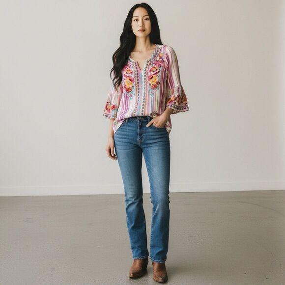 Andree Boho Floral Heavily Embroidered Tunic Top Size S Striped Bell Sleeve - Picture 1 of 9